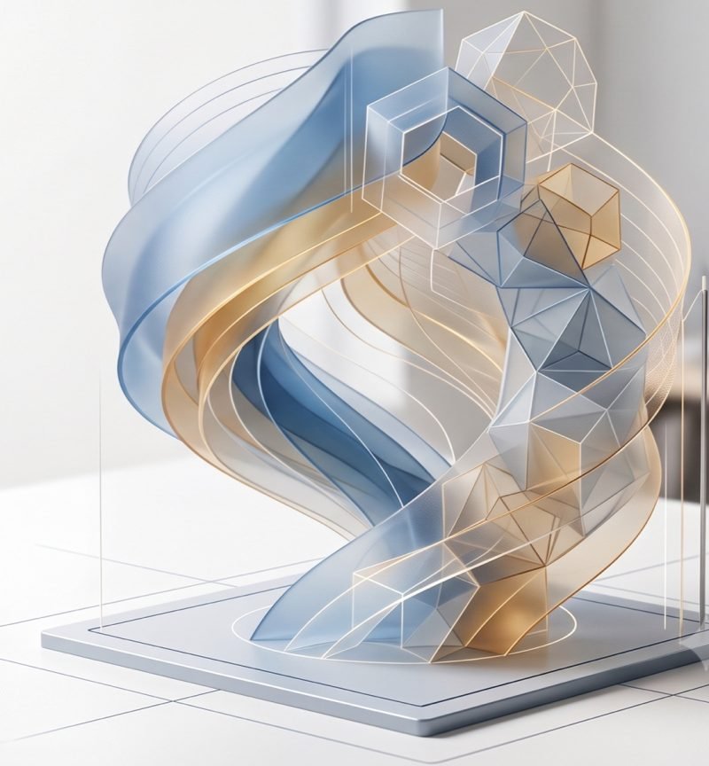 An intricate 3D printed sculpture of interwoven translucent ribbons and geometric forms
